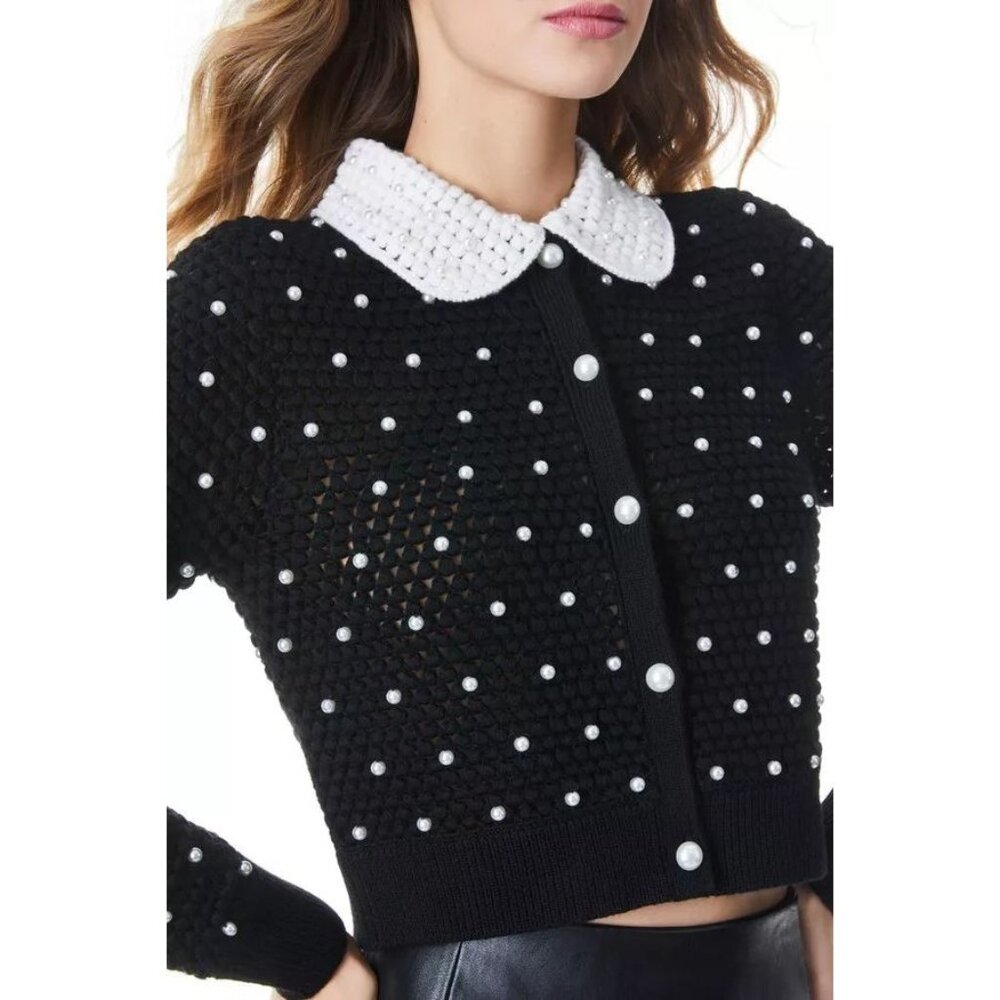 Alice + Olivia Collins Pearl Embellished Crochet Wool Black Cardigan XS NWT $595 - Picture 3 of 13